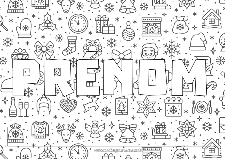 Coloriage à imprimer Cadeaux Père Noël Noël Cheminée Animaux de la forêt Sapin Cerf Fond décoratif