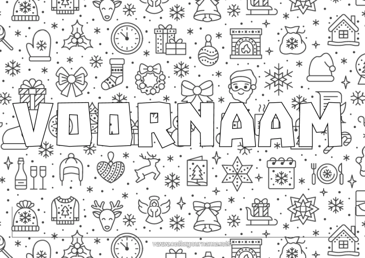 Kleurplaat om af te drukken Cadeaus Kerstman Kerstmis Open haard Bosdieren Kerstboom Hert Decoratieve achtergrond