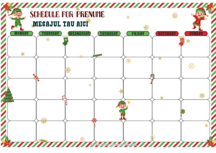 Pagină de colorat de imprimat Moșneguții de Crăciun Misiunea spiridușului de Crăciun Calendarul adventului Calendare și planificatoare Nebunii lui Spiridușul Poznaș