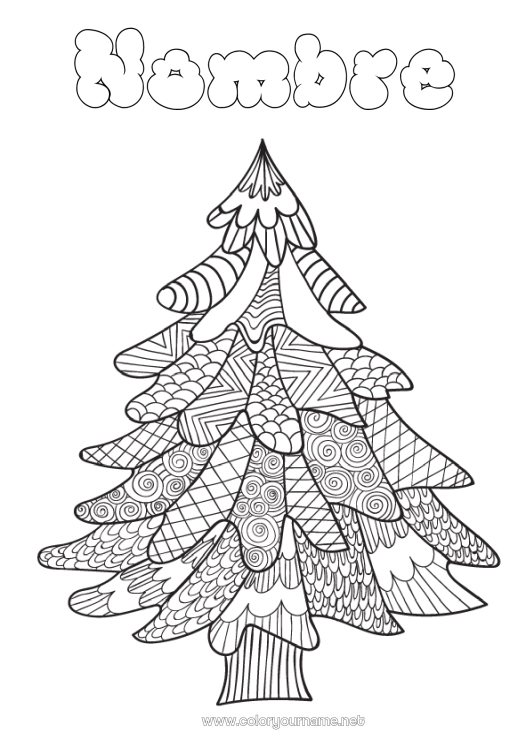 Dibujo para colorear para imprimir Invierno árbol de Navidad Árbol Zentangle Abeto