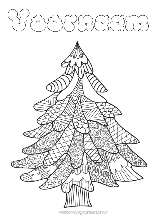 Kleurplaat om af te drukken Winter Kerstboom Boom Zentangle Kerstboom
