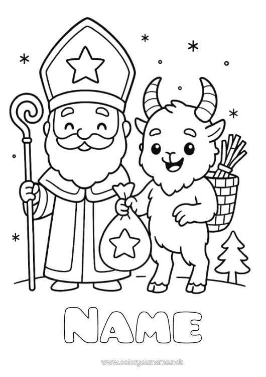 Coloring page to print Kawaii Krampus Saint Nicholas