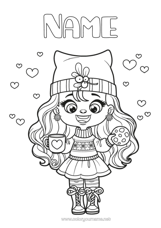 Colouring page to print Girl Mug Drink Treats, Sweets Winter Hat Biscuit