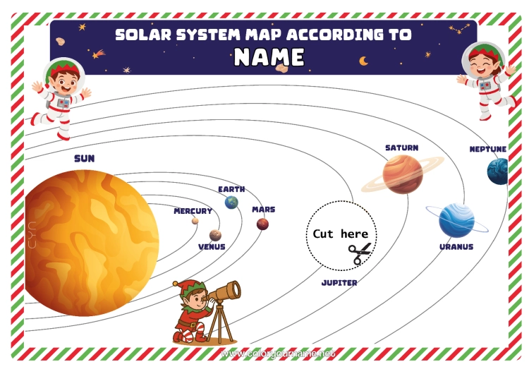 Colouring page to print Christmas Elves Planets And Solar System Astronomy Mischief Of The Trickster Goblin