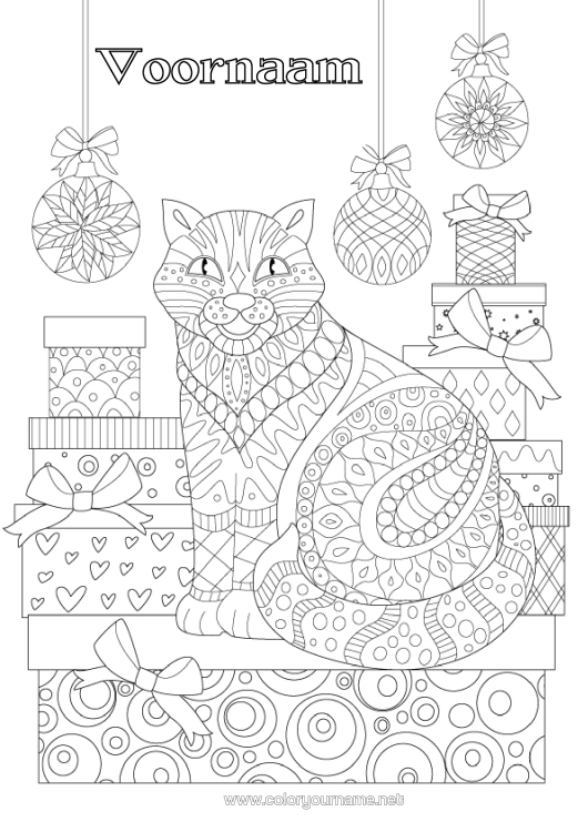 Kleurplaat om af te drukken Kat Cadeaus Kerstmis Kerstbal Dier Zentangle Honden En Katten