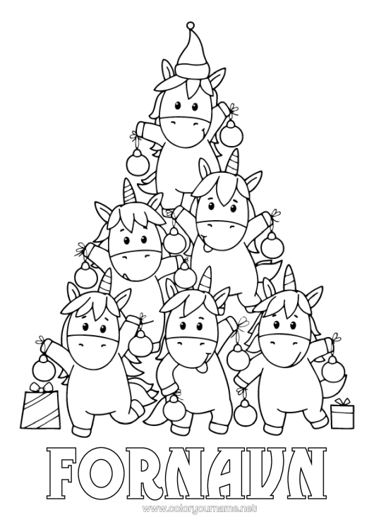 Fargeleggingssiden til utskrift Juletre Enhjørning Dyr Drager, Enhornede Hester Og Fantastiske Dyr Gran