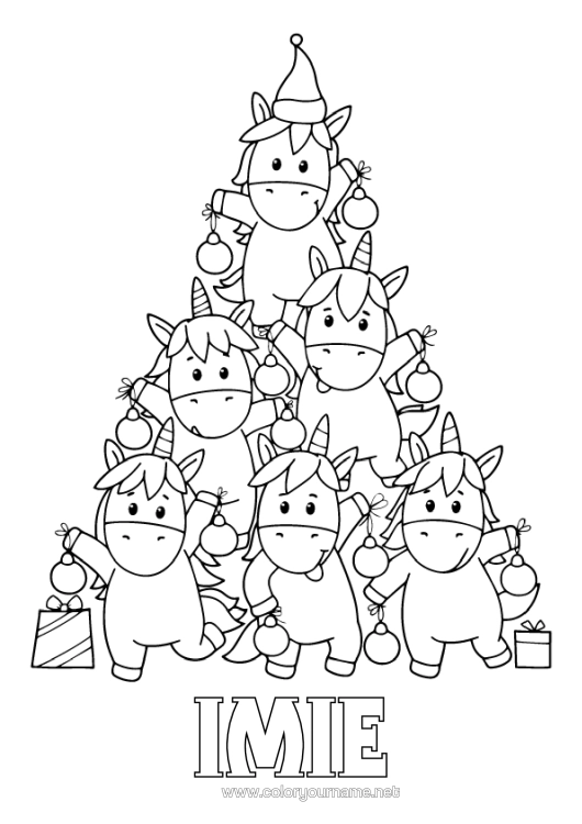 Kolorowanka do wydruku Choinka Bożonarodzeniowa Jednorożec Zwierzę Smoki, Jednorożce I Fantastyczne Zwierzęta Choinka