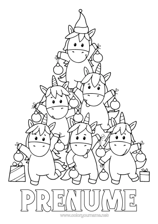 Pagină de colorat de imprimat Brad De Crăciun Unicornă Animal Dragoni, Unicorni Și Animale Fantastice Brad