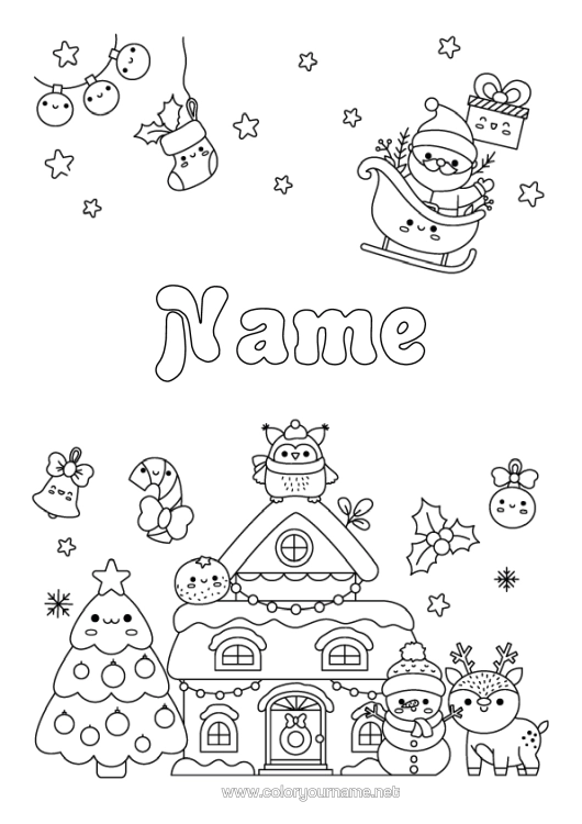 Colouring page to print Christmas Tree Father Christmas Reindeer Snowman Sledge Christmas Cute Christmas Decorations House Forest Animals Christmas Stocking