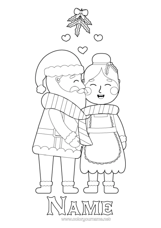 Colouring page to print Father Christmas Holly Mistletoe Kiss Mrs Christmas
