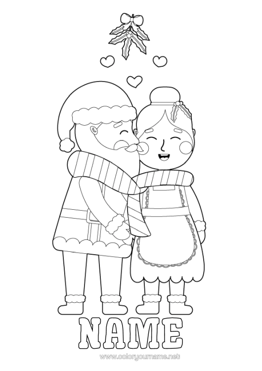 Coloring page to print Santa Claus Holly Mistletoe Kiss Mrs. Claus