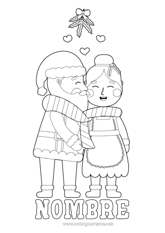 Dibujo para colorear para imprimir Papá Noel Acebo Muérdago Beso Madre Navidad