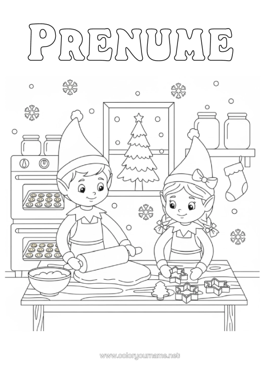 Pagină de colorat de imprimat Moșneguții De Crăciun Pâine Cu Mirodenii Desene De Colorat Cu Spiriduși Bucătărie