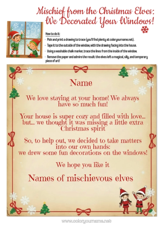 Colouring page to print Christmas Elves Mischief Of The Trickster Goblin Several Mischievous Elves. Window Drawings