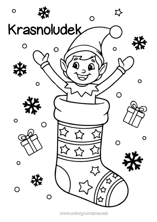 Kolorowanka do wydruku Świąteczne Skrzaty Kolorowanki Dla Skrzatów Skarpeta Świąteczna Psoty Figlarza Rysunki Na Oknach