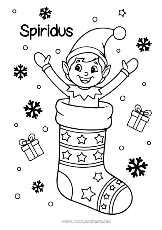 Pagină de colorat de imprimat Moșneguții De Crăciun Desene De Colorat Cu Spiriduși Ciorap De Crăciun Nebunii Lui Spiridușul Poznaș Desene Pe Geamuri