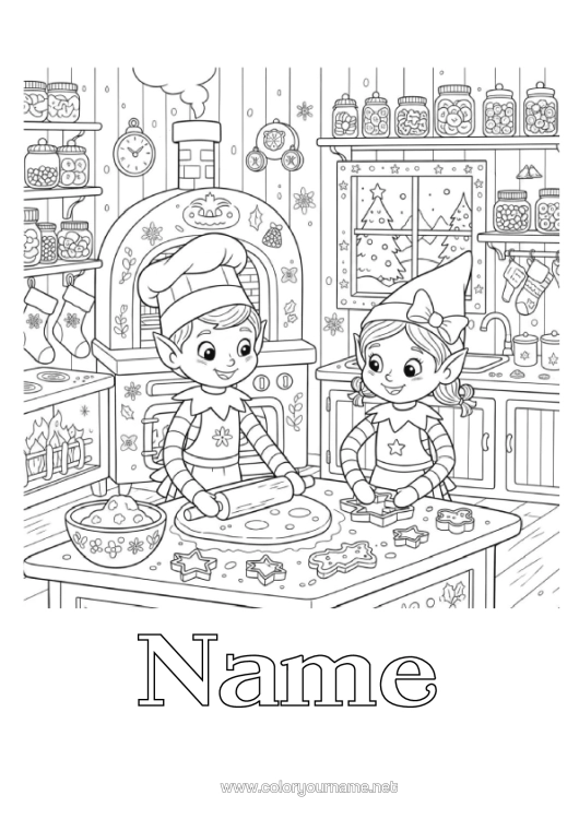 Colouring page to print Elf Colouring Pages Treats, Sweets Biscuit Kitchen Several Mischievous Elves. Biscuit