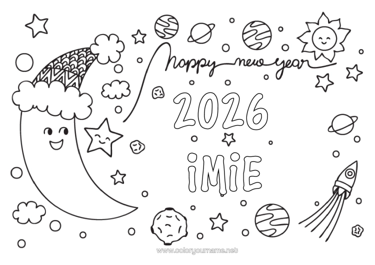 Kolorowanka do wydruku Rakieta Szczęśliwego Nowego Roku! Planety I Układ Słoneczny Księżyc Astronomia Pojazdy Powietrzne Wiadomość "Szczęśliwego Nowego Roku" Czapka Zimowa 2026 2027