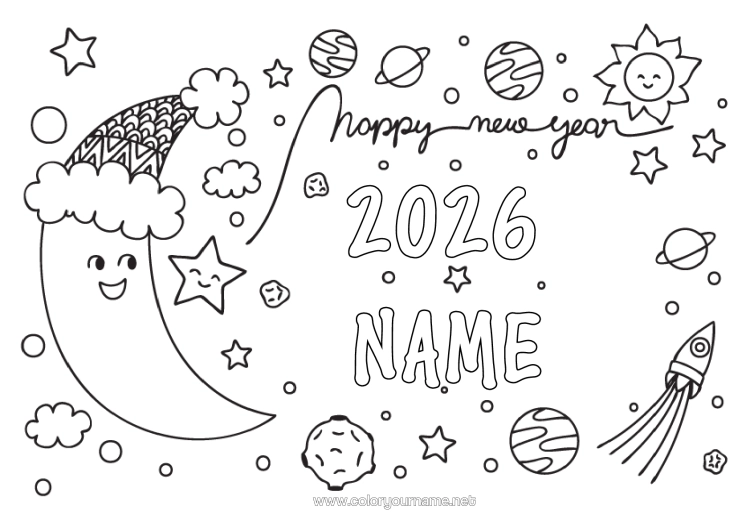 Colouring page to print Rocket Happy New Year Planets And Solar System Moon Astronomy Aerial Vehicles "Happy New Year" Winter Hat 2026 2027