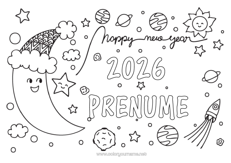 Pagină de colorat de imprimat Rachetă La Mulți Ani! Planete Și Sistemul Solar Lună Astronomie Vehicule Aeriene Mesaj "La Mulți Ani!" Căciulă De Iarnă 2026 2027