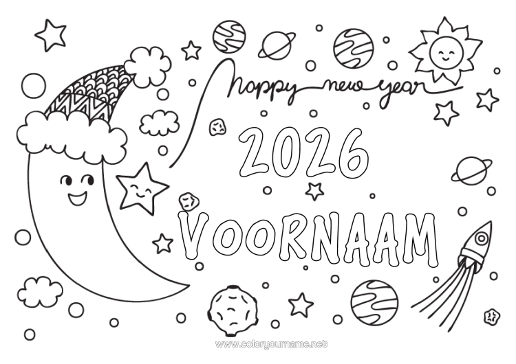 Kleurplaat om af te drukken Raket Gelukkig Nieuwjaar Planeten En Zonnestelsel Maan Astronomie Luchtvaartuigen Nieuwjaarsboodschap Wintermuts 2026 2027