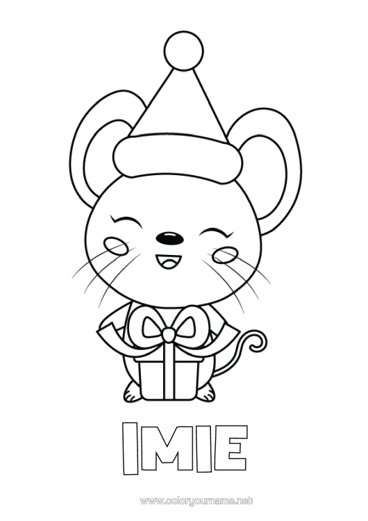 Kolorowanka do wydruku Prezenty Boże Narodzenie Mysz Zwierzę Łatwe Kolorowanki Zwierzęta Leśne Czapka Świąteczna