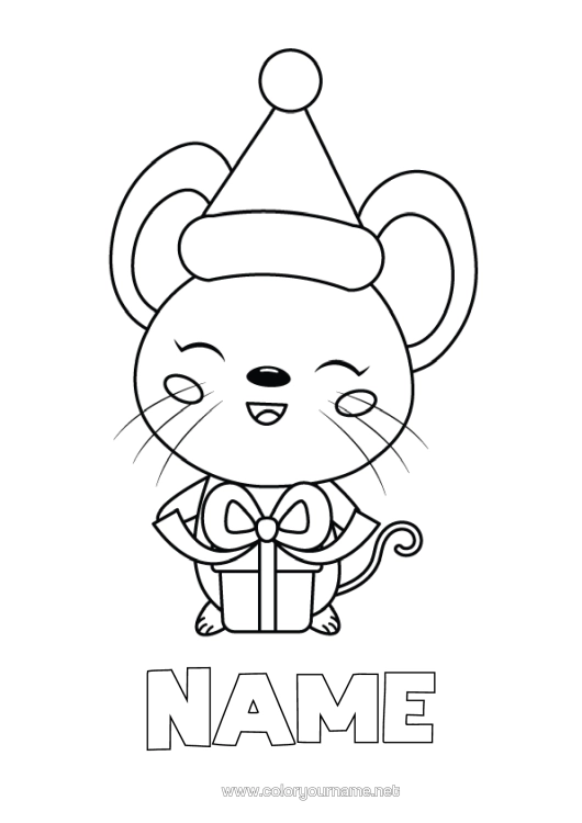 Coloring page to print Gifts Christmas Mouse Animal Easy Coloring Pages Forest Animals Christmas Hat