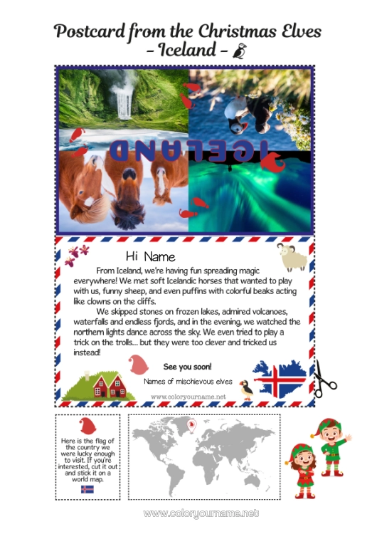 Colouring page to print Christmas Elves Elf Colouring Pages Mischievous Elf's Journey Postcard Iceland Postcard Of Multiple Elves Several Mischievous Elves. Colouring Mischievous Travelling Goblins