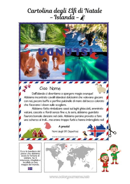 Pagina da colorare da stampare Elfo Di Natale Pagine Da Colorare Degli Elfi Viaggio Dell'elfo Di Natale Cartolina Islanda Cartolina Di Vari Elfi Diversi Elfi Birichini Folletti Di Natale Viaggiatori
