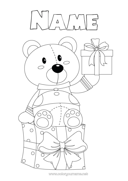 Colouring page to print Gifts Birthday Teddy Bear Forest Animals