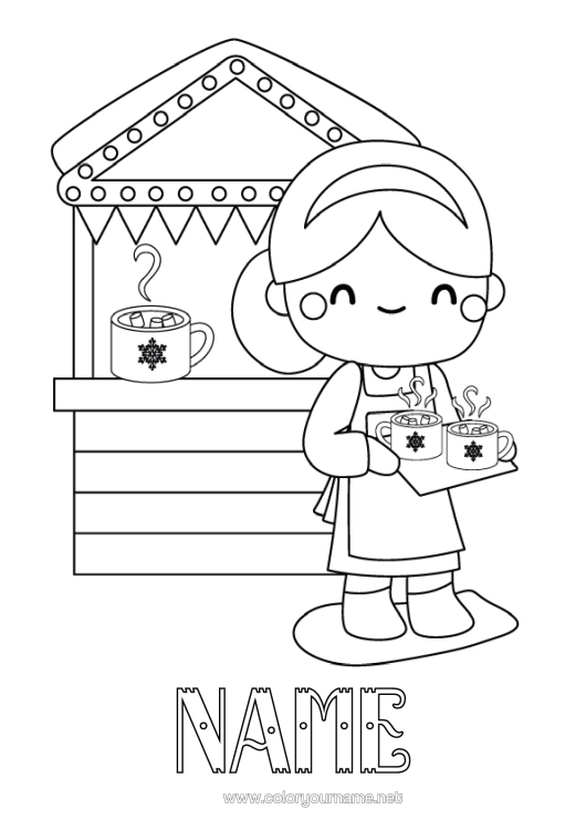 Colouring page to print Winter Café Tea Drink Culinary Professions Cabin Shop