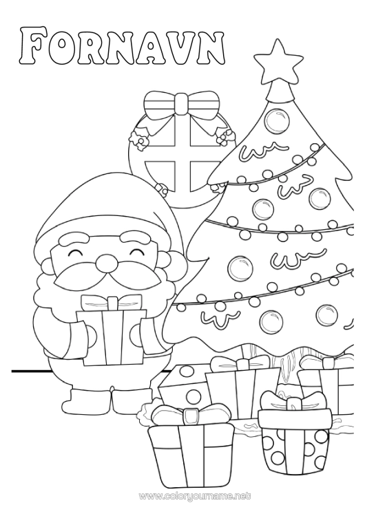 Farvelægningssiden til udskrivning Gaver Juletræ Julemanden Kawaii