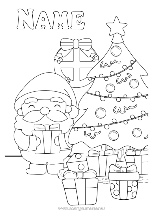Coloring page to print Gifts Christmas Tree Santa Claus Kawaii