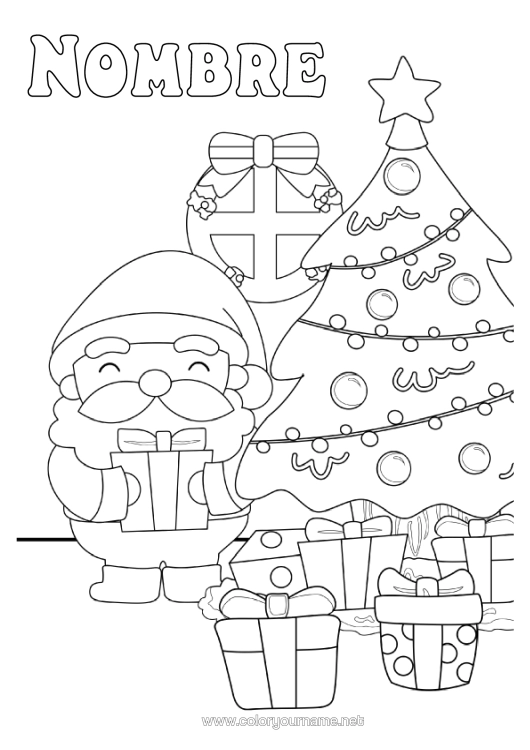 Dibujo para colorear para imprimir Regalos Árbol De Navidad Papá Noel Kawaii