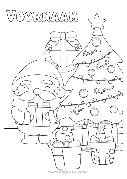 Kleurplaat om af te drukken Cadeaus Kerstboom Kerstman Kawaii