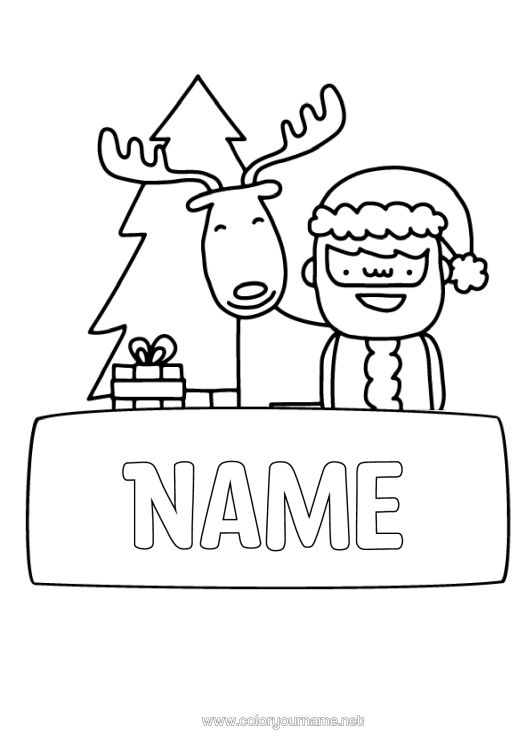 Colouring page to print Gifts Christmas Tree Father Christmas Reindeer Forest Animals Label