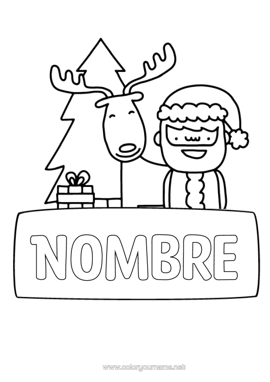 Dibujo para colorear para imprimir Regalos Árbol De Navidad Papá Noel Reno Animales Del Bosque Etiquetas