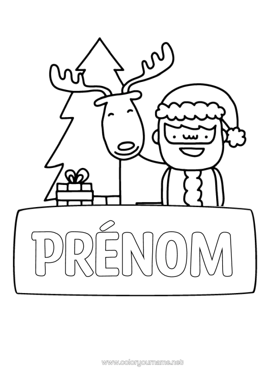 Coloriage à imprimer Cadeaux Sapin De Noël Père Noël Renne Animaux De La Forêt Étiquette