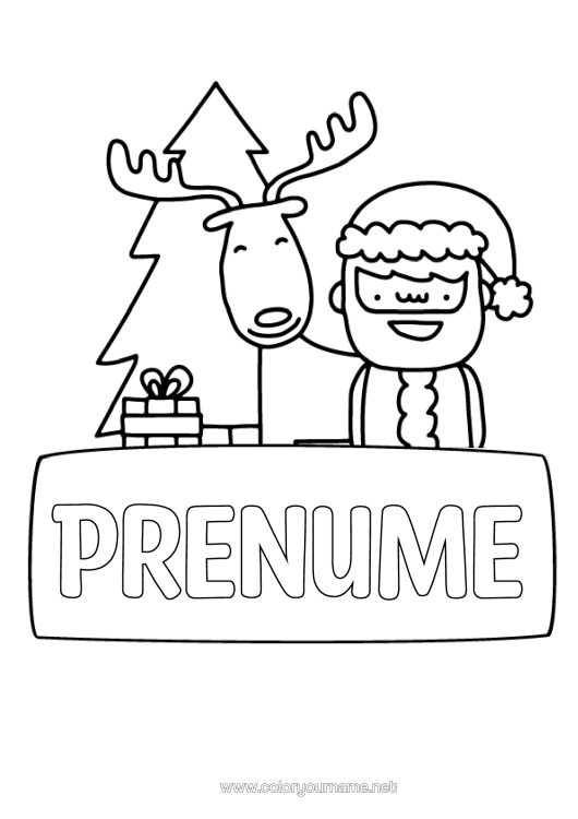Pagină de colorat de imprimat Cadouri Brad De Crăciun Moș Crăciun Ren Animale Din Pădure Etichetă