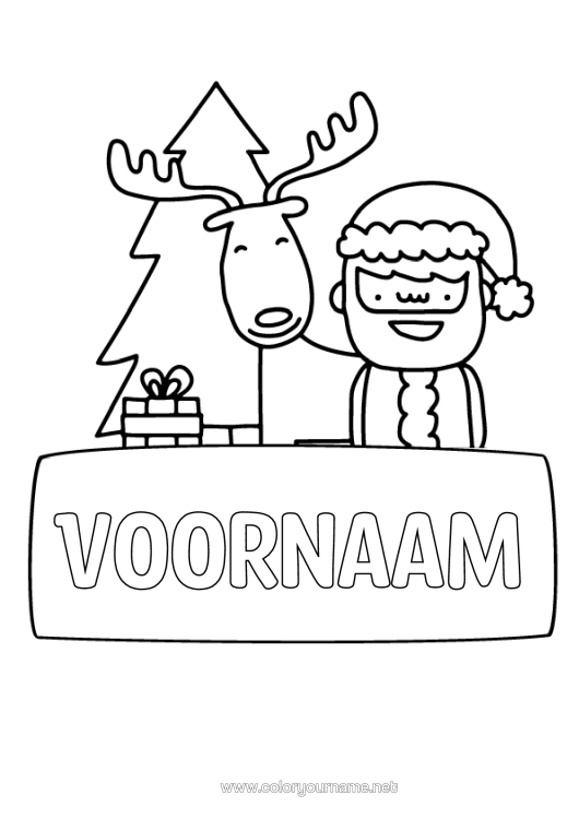 Kleurplaat om af te drukken Cadeaus Kerstboom Kerstman Rendier Bosdieren Etiket