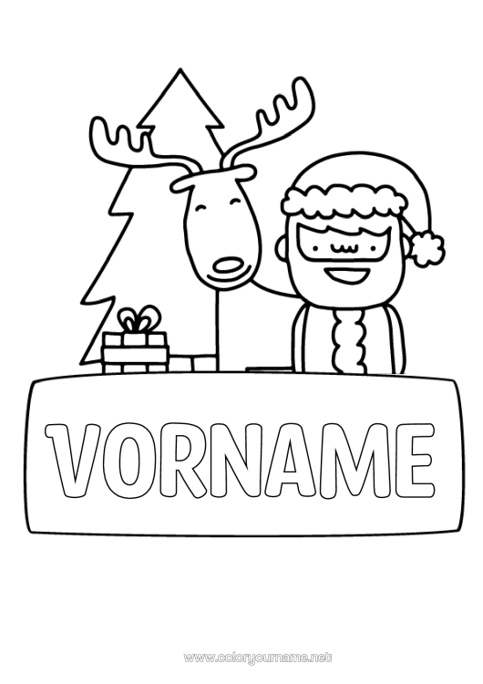Malvorlage zum Ausdrucken Geschenke Weihnachtsbaum Weihnachtsmann Rentier Waldtiere Etikett