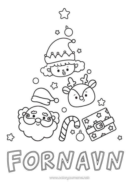 Farvelægningssiden til udskrivning Juletræ Julemanden Rensdyr Jule-Nisser Kawaii Julepynt Sukkerstok Farvelægningsnisser Nem Farvelægning Skovens Dyr Hjort