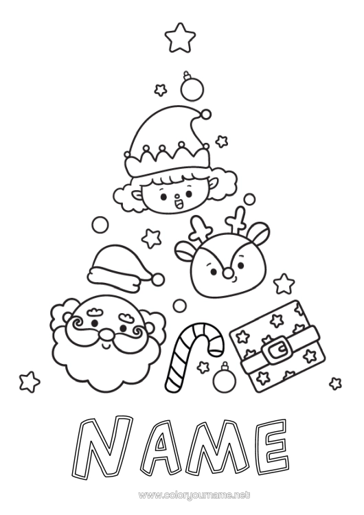 Coloring page to print Christmas Tree Santa Claus Reindeer Christmas Elves Kawaii Christmas Bauble Candy Cane Elves Coloring Pages Easy Coloring Pages Forest Animals Deer