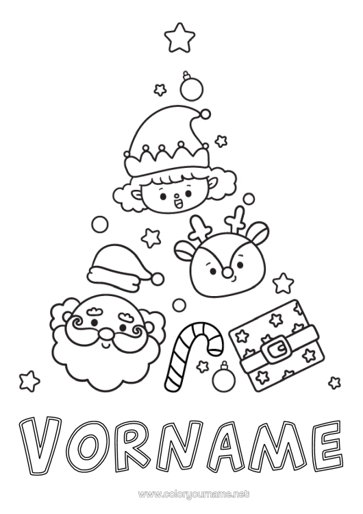 Malvorlage zum Ausdrucken Weihnachtsbaum Weihnachtsmann Rentier Weihnachtself Kawaii Weihnachtskugel Pfefferminz Elfen Ausmalbilder Einfache Ausmalbilder Waldtiere Hirsch