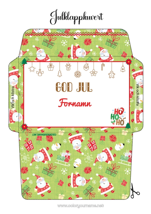 Färgläggningssida att skriva ut Jultomten Jul Kuvert Utskriftskuvert Presentförpackning Ho Ho Ho