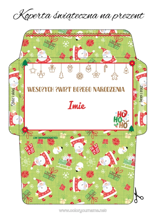 Kolorowanka do wydruku Święty Mikołaj Boże Narodzenie Koperta Koperta Do Druku Koperta Na Prezent Ho Ho Ho