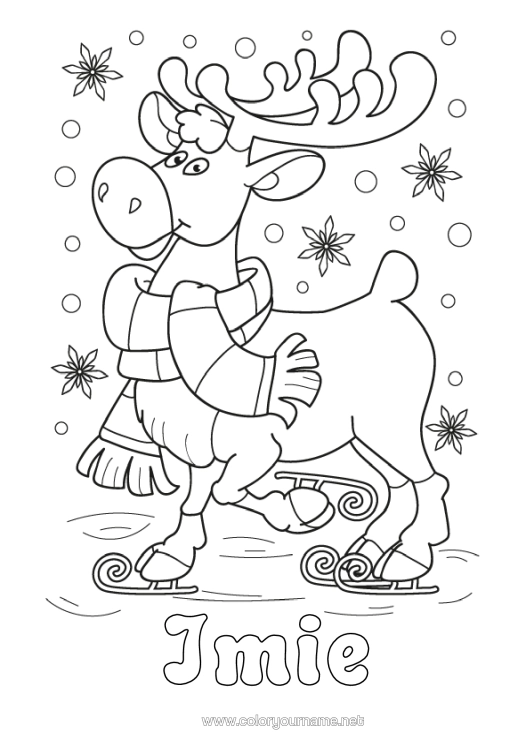 Kolorowanka do wydruku Śnieg Renifer Zwierzę Zwierzęta Leśne Jeleń Szalik Sporty Zimowe Łyżwiarstwo