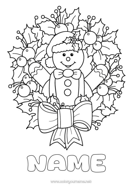 Colouring page to print Gingerbread Christmas Wreath Holly