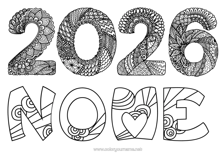 Pagina da colorare da stampare Buon Anno Zentangle 2026