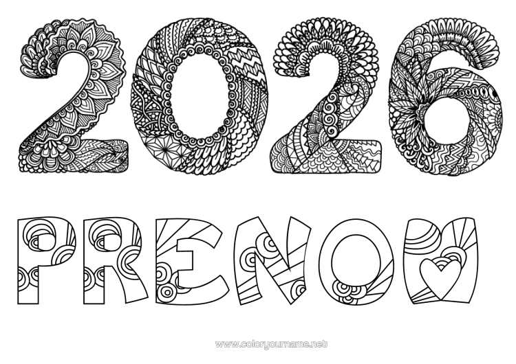 Coloriage à imprimer Bonne Année Zentangle 2026